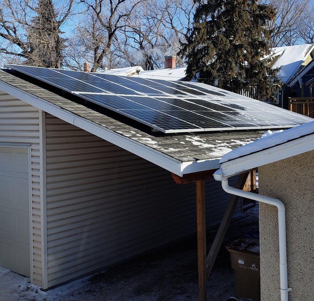 First Group Buy installation on the roof of<br>Josh Campbell's garage (Former President of Wascana Solar Co-op).